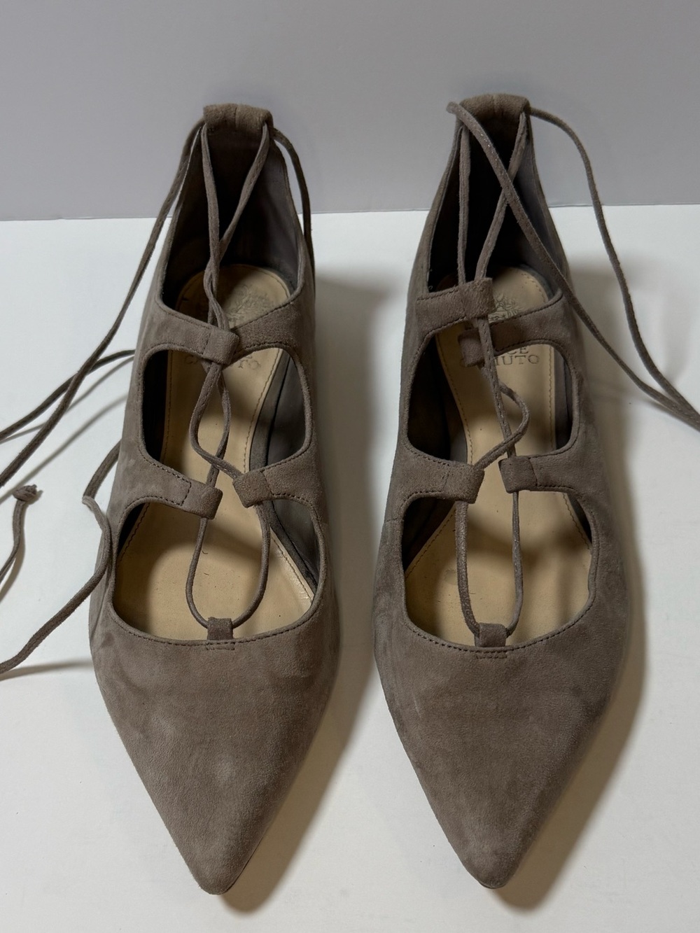 Vince Camuto Pointed Lace-Up Suede Flats in Taupe